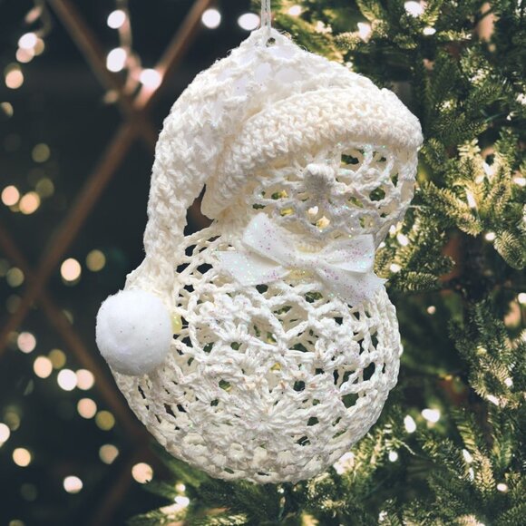 Handmade Crochet Snowman Ornament – Glitter Accents – Vintage Charm – Needs TLC - Picture 3 of 10